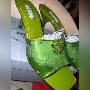 Green patent/clear mix Prada kitten heel slides